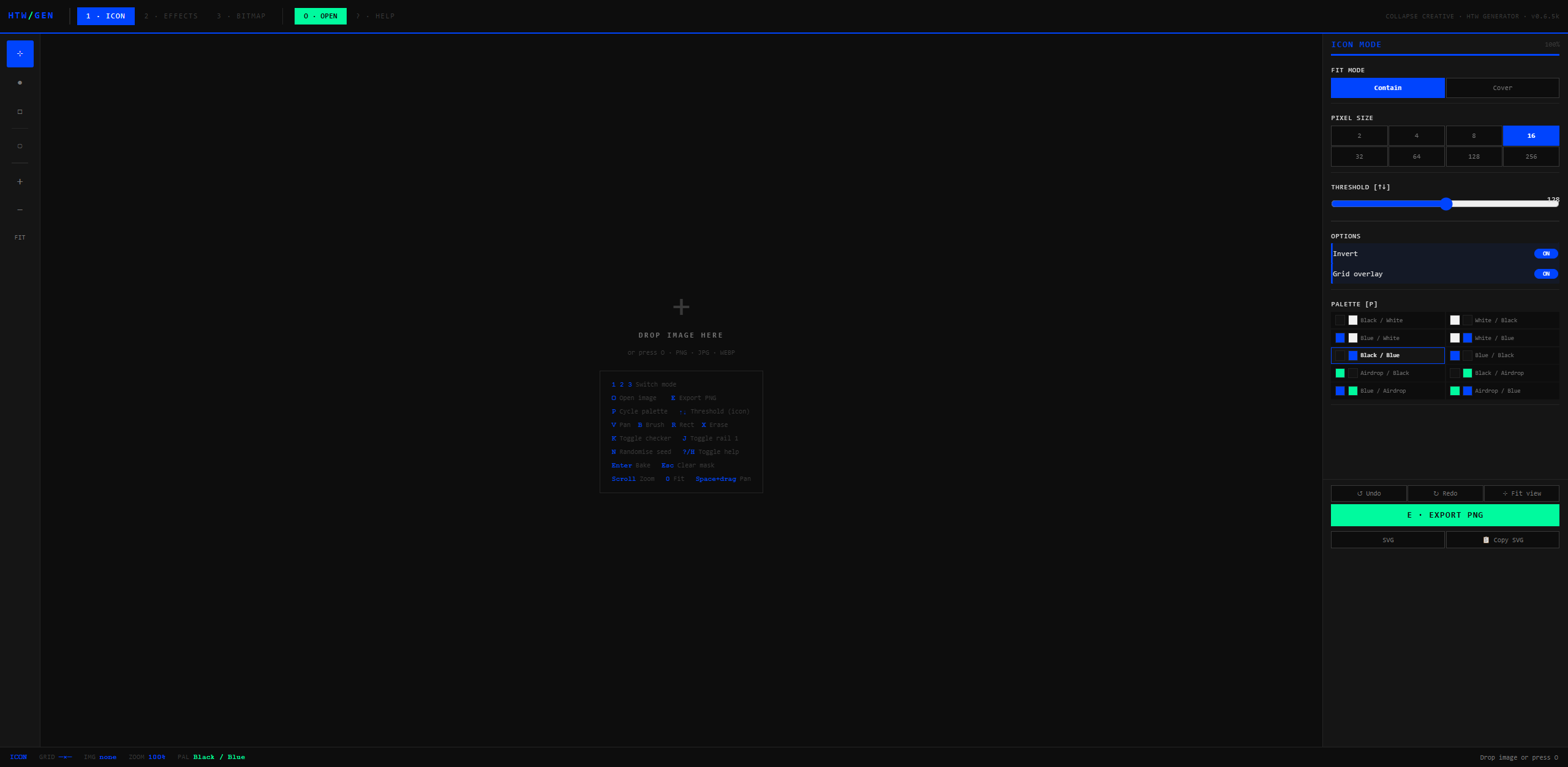 Interfaz de HTW-GEN: modo icono con panel de parámetros, umbral, paletas y exportación PNG/SVG.